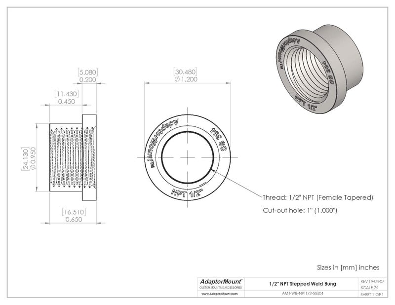 AdaptorMount 1/2" NPT Stainless Steel 304 Female Threaded Stepped Weld Bung Mounting Fitting (OD 1.0") with Top Head (OD 1.2") - Image 5